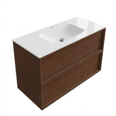 Saniclass Holz Frame Ensemble meuble de salle de bains - 100x45x61.5cm - Lavabo Flow en solid surface blanc - 1 vasque - 1 trou de robinetterie - 2 tiroirs - walnut pure mat (bois)