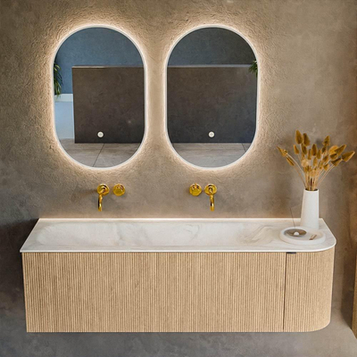 MONDIAZ KURVE-DLUX Meuble de salle de bains 145 cm avec module 25 R couleur chêne avec 1 tiroir et 1 porte. Lavabo BIG LARGE gauche sans trou de robinet couleur Ostra.