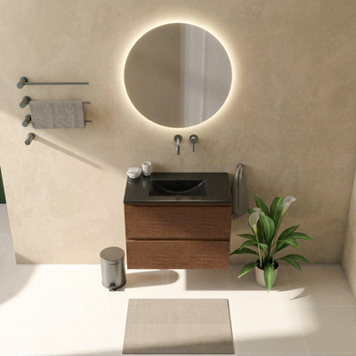 Saniclass Holz Atelier Ensemble de meubles de salle de bains - 80x45x62cm - lavabo Vygo en céramique noir - 1 vasque - sans trou de robinet - 2 tiroirs - walnut pure mat (bois)