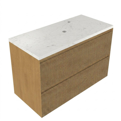 Saniclass Holz Atelier Ensemble meuble de salle de bains - 100x45x63cm - Plan vasque en marbre Dia poli (blanc) - 1 trou de robinet - 2 tiroirs - chêne natural mat (bois)