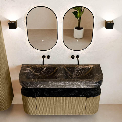 MONDIAZ THOR-DLUX 130cm meuble de salle de bains arrondi gauche + droite couleur Dusk avec 1 tiroir et 2 portes. Vasque suspendue CLOUD Double sans trou de robinet couleur Lava.