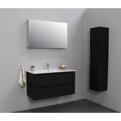 Basic Bella Meuble salle de bains avec lavabo céramique Blanc avec armoire toilette 2 portes gris 100x55x46cm 1 trou de robinet Noir mat