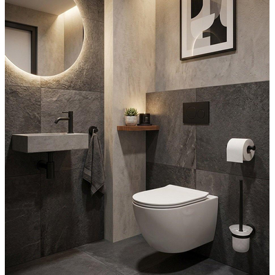 Fortifura Calvi Ensemble WC - porte-balai - ouvert - patère - porte-rouleau de papier toilette - sans couvercle - noir mat