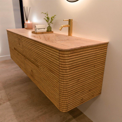 Mondiaz CIRO-DLUX Badkamermeubelset - 170x45x50cm - Solid surface wastafel Saba - 1 wasbak Rechts - 1 kraangat - 4 lades - Oak