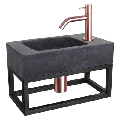 Differnz Bombai pack lave-mains – 40 x 22 x 9 cm – pierre naturelle noire – robinet courbé cuivre – avec cadre noir