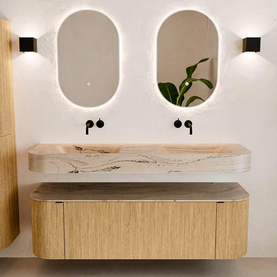 MONDIAZ THOR-DLUX 150cm badmeubel ronding links + rechts kleur Oak met 1 lade en 2 deuren. Vrijhangende wastafel CLOUD Dubbel zonder kraangat kleur Arena.