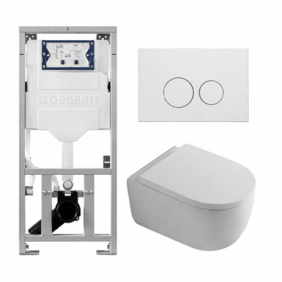 QeramiQ Dely Swirl Ensemble WC - 36.3x51.7cm - Fond creux - Sans bride - Réservoir encastré Geberit UP320 - Abattant de 35mm d'épaisseur - Plaque de commande en métal blanc mat - Boutons ronds - Blanc mat