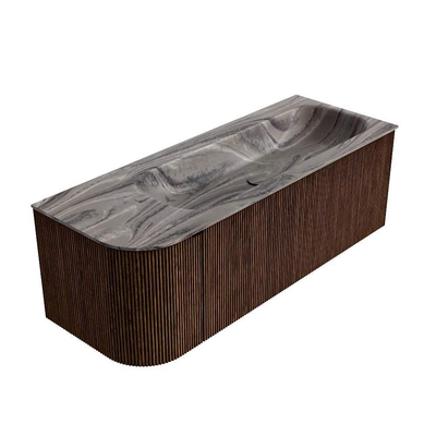 MONDIAZ KURVE-DLUX Meuble de salle de bains 125cm arrondi à gauche couleur Walnut avec 1 tiroir et 1 porte. Vasque BIG MEDIUM à droite sans trou de robinet Sombra.