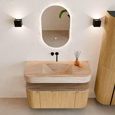 MONDIAZ THOR-DLUX 110cm badmeubel ronding links + rechts kleur Oak met 1 lade en 2 deuren. Vrijhangende wastafel CLOUD Midden zonder kraangat kleur Saba.