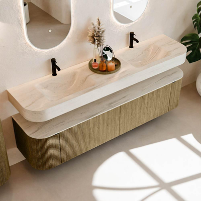 MONDIAZ THOR-DLUX 190cm meuble de salle de bains arrondi gauche + droite couleur Dusk avec 2 tiroirs et 2 portes. Vasque suspendue CLOUD Double 2 trous de robinet couleur Meli.