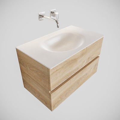 MONDIAZ VICA Ensemble de meuble salle de bain - 80cm - 2 tiroirs - lavabo Moon central - 0 trous de robinet - solid surface chêne blanchi