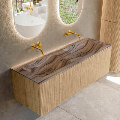 MONDIAZ KURVE-DLUX 130cm badmeubel kleur Oak met 2 lades en 0 deuren. Wastafel LEAF Dubbel zonder kraangat Sombra.