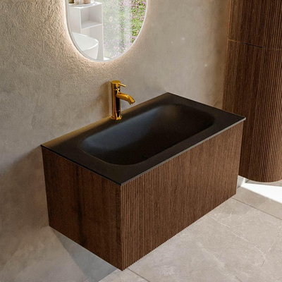 MONDIAZ KURVE 80cm badmeubel kleur Walnut met 1 lade. Wastafel BIG SMALL midden 1 kraangat Urban.