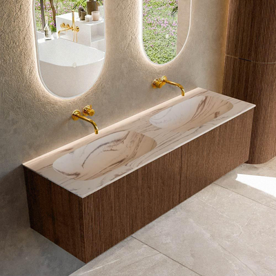 MONDIAZ KURVE-DLUX Meuble de salle de bains 150cm couleur Walnut avec 2 tiroirs et 0 portes. Lavabo STOR SMALL Double sans trou de robinet Nata.