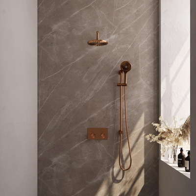 BRAUER Copper Edition Thermostatische Regendouche inbouw - drukknoppen - SET 69 - 20cm hoofddouche - gebogen muurarm - 3 standen handdouche - doucheslang - geïntegreerde glijstang - koper geborsteld PVD