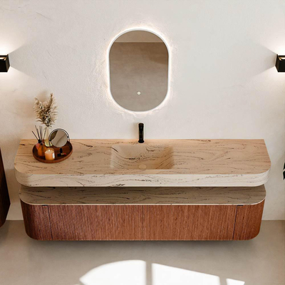 MONDIAZ THOR-DLUX 200cm meuble de salle de bains arrondi gauche + droite couleur Ruby avec 2 tiroirs et 2 portes. Vasque suspendue CLOUD Milieu 1 trou de robinet couleur Arena.