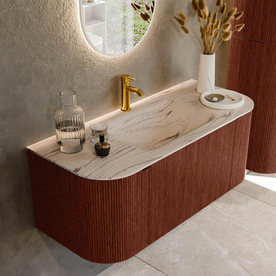 MONDIAZ KURVE-DLUX meuble de salle de bains 110cm arrondi gauche + droite couleur Ruby avec 1 tiroir et 2 portes. Lavabo CLOUD central 1 trou de robinet Nata.