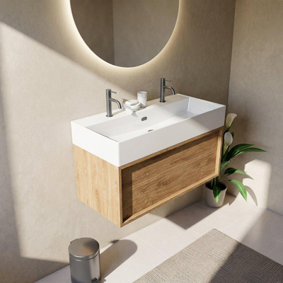 Saniclass Holz Frame Ensemble de meubles de salle de bains - 100x45x52cm - Legend lavabo en céramique blanc - 1 vasque - 2 trous de robinetterie - 1 tiroir - chêne natural mat (bois)