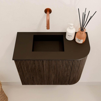 Mondiaz JOYA 51.6cm meuble de salle de bains - arrondi droit couleur Walnut - Vasque FAYE position Gauche Sans trou de robinet couleur Urban