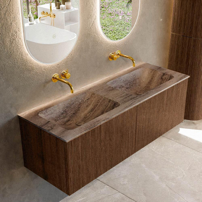 MONDIAZ KURVE-DLUX 130cm badmeubel kleur Walnut met 2 lades en 0 deuren. Wastafel LEAF Dubbel zonder kraangat Oza.