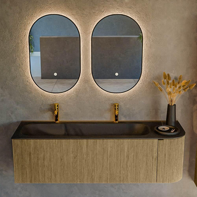 Ensemble de meuble Mondiaz KURVE - 145x46x40cm - 1 tiroir - 1 porte - lavabo en solid surface - gauche - 2 trous de robinet - Dusk