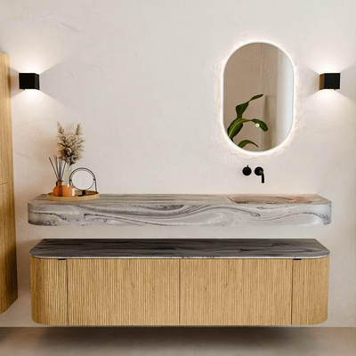 MONDIAZ THOR-DLUX 180cm meuble de salle de bains arrondi gauche + droite couleur Oak avec 2 tiroirs et 2 portes. Vasque suspendue CLOUD Droite sans trou de robinet couleur Sombra.