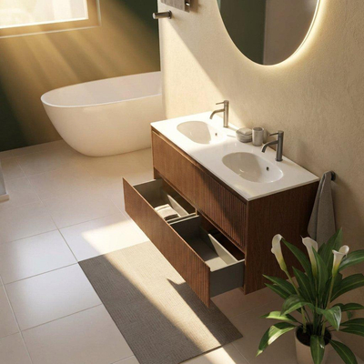 Saniclass Holz Atelier Ensemble de meubles de salle de bains - 120x45x74cm - lavabo Chaci en céramique blanc - 2 vasques - 2 trous de robinetterie - 2 tiroirs - walnut pure mat (bois)