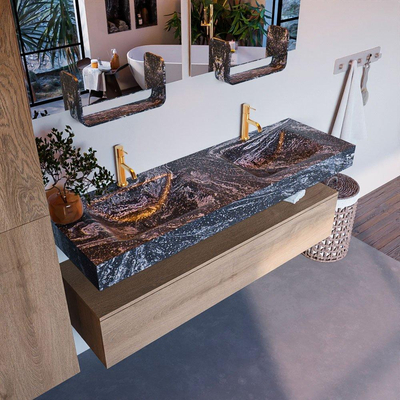 MONDIAZ ALAN - DLUX Badkamermeubelset - 150cm - onderkast - Washed Oak - 1 lade - vrijhangende wastafel - 2 wasbakken - 2 kraangaten - Lava