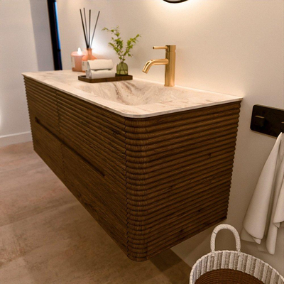 Mondiaz CIRO-DLUX Badkamermeubelset - 130x45x50cm - Solid surface wastafel Frappe - 1 wasbak Rechts - 1 kraangat - 4 lades - Dusk