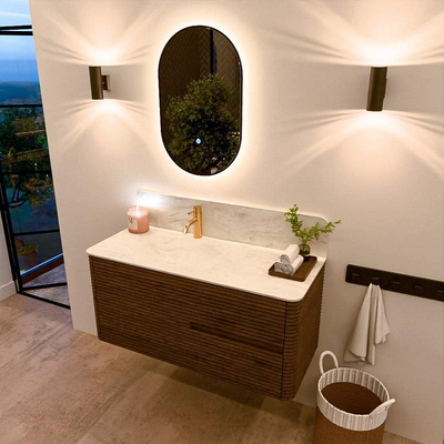 Mondiaz CIRO-DLUX Badkamermeubelset - 110x45x50cm - Solid surface wastafel Opalo - 1 wasbak Links - 1 kraangat - 2 lades - Dusk