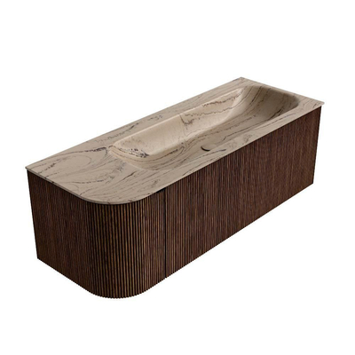 MONDIAZ KURVE-DLUX Meuble de salle de bains 125cm arrondi Gauche couleur Walnut avec 1 tiroir et 1 porte. Plan-vasque BIG MEDIUM Droite sans trou de robinet Arena.