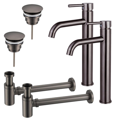 FugaFlow Eccelente Sobrado Kit robinet lavabo - pour double vasque - robinet rehaussé - bonde non-obturable - siphon design bas - Gunmetal PVD