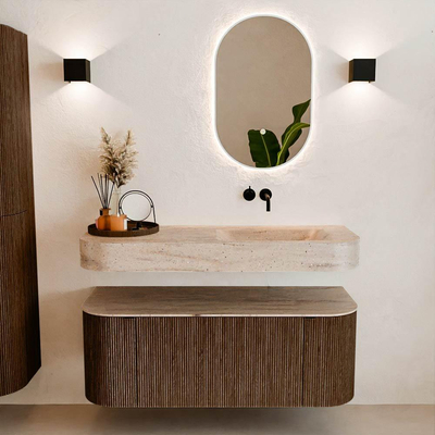 MONDIAZ THOR-DLUX 120cm badmeubel ronding links + rechts kleur Walnut met 1 lade en 2 deuren. Vrijhangende wastafel CLOUD Rechts zonder kraangat kleur Saba.