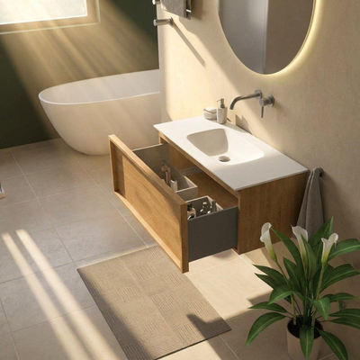Saniclass Holz Frame Ensemble de meuble de salle de bains - 100x45x41.5cm - Flow lavabo en solid surface blanc - 1 vasque - sans trou de robinet - 1 tiroir - chêne natural mat (bois)