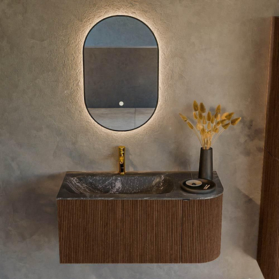 MONDIAZ KURVE-DLUX 95cm badmeubel met module 25 R kleur Walnut met 1 lade en 1 deur. Wastafel BIG SMALL links 1 kraangat kleur Lava.