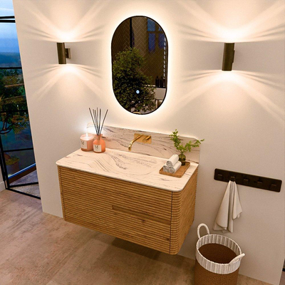 Mondiaz CIRO-DLUX Meuble de salle de bains - 100x45x50cm - Plan vasque Solid surface Nata - 1 vasque au milieu - sans trous de robinetterie - 2 tiroirs - Chêne