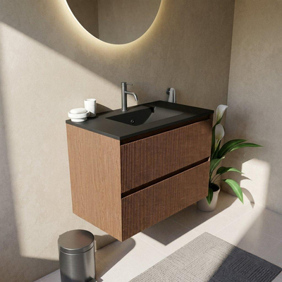 Saniclass Holz Atelier Ensemble de meubles de salle de bains - 80x45x62cm - Lavabo Vygo en céramique noir - 1 vasque - 1 trou de robinet - 2 tiroirs - walnut pure mat (bois)