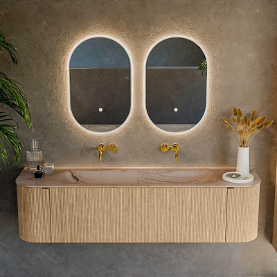 MONDIAZ KURVE-DLUX Meuble de salle de bains 170cm arrondi Gauche + Droite couleur Oak avec 1 tiroir et 2 portes. Lavabo BIG LARGE Central sans trou de robinet Arena.