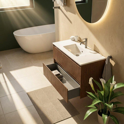 Saniclass Holz Atelier Ensemble de meubles de salle de bains - 100x45x62cm - Vasque en céramique Vygo blanche - 1 vasque - 1 trou de robinet - 2 tiroirs - walnut pure mat (bois)