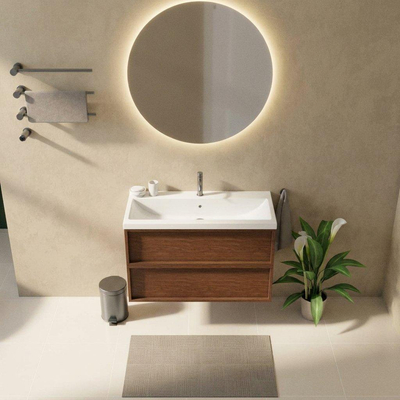 Saniclass Holz Frame Ensemble meuble de salle de bains - 100x45x63.5cm - Lavabo en céramique Bari blanc - 1 vasque - 1 trou de robinet - 2 tiroirs - walnut pure mat (bois)