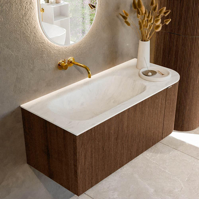 MONDIAZ KURVE-DLUX meuble de salle de bains 105cm avec module 25 R couleur Walnut avec 1 tiroir et 1 porte. Plan vasque BIG SMALL gauche sans trou de robinet couleur Opalo.