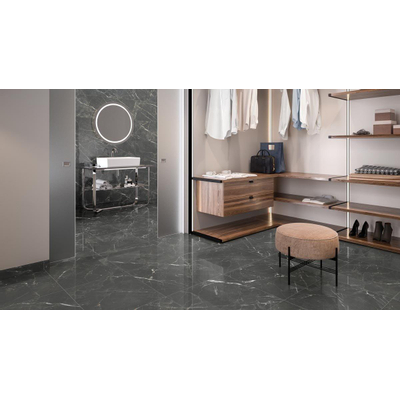 Royal Plaza Chella wandtegel - 30x90cm - 10mm - rechthoek - gerectificeerd - marmerlook - glans zwart