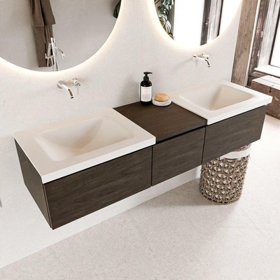MONDIAZ BUKLA 160cm badmeubel met module 40 kleur Dark Brown met 3 lades. Wastafel CLOUD dubbel 0 kraangaten kleur Talc.