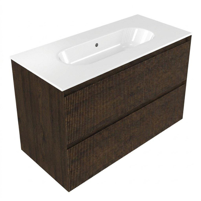 Saniclass Holz Atelier Ensemble meuble de salle de bains - 100x45x73.9cm - Lavabo en céramique Chaci blanc - 1 vasque - sans trou de robinetterie - 2 tiroirs - chêne charcoal mat (bois)