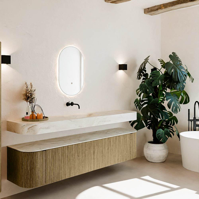 MONDIAZ THOR-DLUX 200cm meuble de salle de bains arrondi gauche + droite couleur Dusk avec 2 tiroirs et 2 portes. Vasque suspendue CLOUD Milieu sans trou de robinet couleur Ostra.