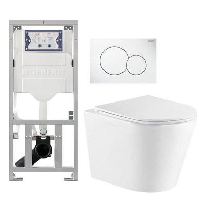 QeramiQ Dely Toiletset - Geberit UP320 inbouwreservoir - met Burda frame - witte bedieningsplaat - toilet - zitting - mat wit