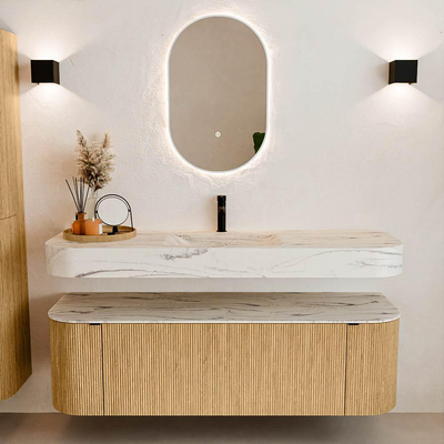 MONDIAZ THOR-DLUX 150cm badmeubel ronding links + rechts kleur Oak met 1 lade en 2 deuren. Vrijhangende wastafel CLOUD Midden 1 kraangat kleur Nata.