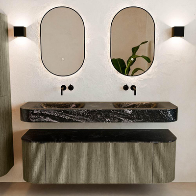 MONDIAZ THOR-DLUX 150cm meuble de salle de bains arrondi gauche + droite couleur Shadow avec 1 tiroir et 2 portes. Vasque suspendue CLOUD Double sans trou de robinet couleur Lava.