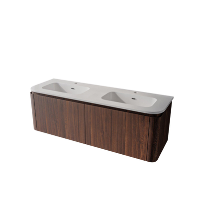 Saniclass Terra Ensemble meuble de salle de bain - 140x42x45,5 cm - lavabo céramique blanc brillant - 2 vasques - 2 trous de robinet - 4 tiroirs - Châtaignier (noyer)