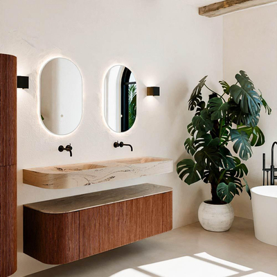 MONDIAZ THOR-DLUX 150cm meuble de salle de bains arrondi gauche + droite couleur Ruby avec 1 tiroir et 2 portes. Vasque suspendue CLOUD Double sans trou de robinet couleur Arena.